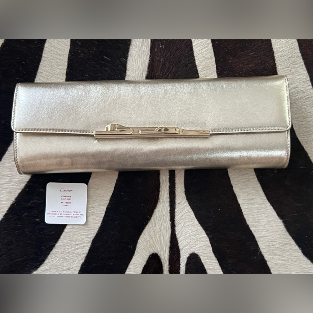 Authentic Cartier Champagne Gold Leather Clutch with Gold Panther Clasp